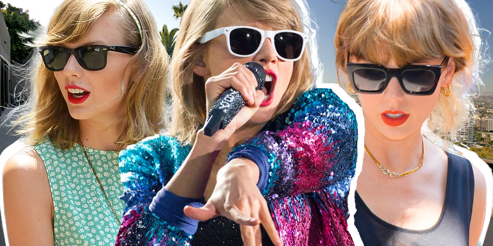 Multiple photos of Taylor Swift wearing sunglasses